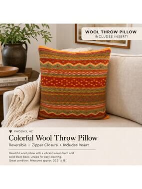 Colorful Handwoven Wool Throw Pillow 20.5"x18" Reversible Black Back Zip Closure